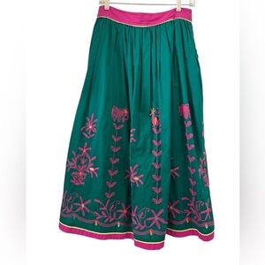WD.NY Green Pink Embroidered Boho Floral Animal Cotton Midi Skirt - Size 6